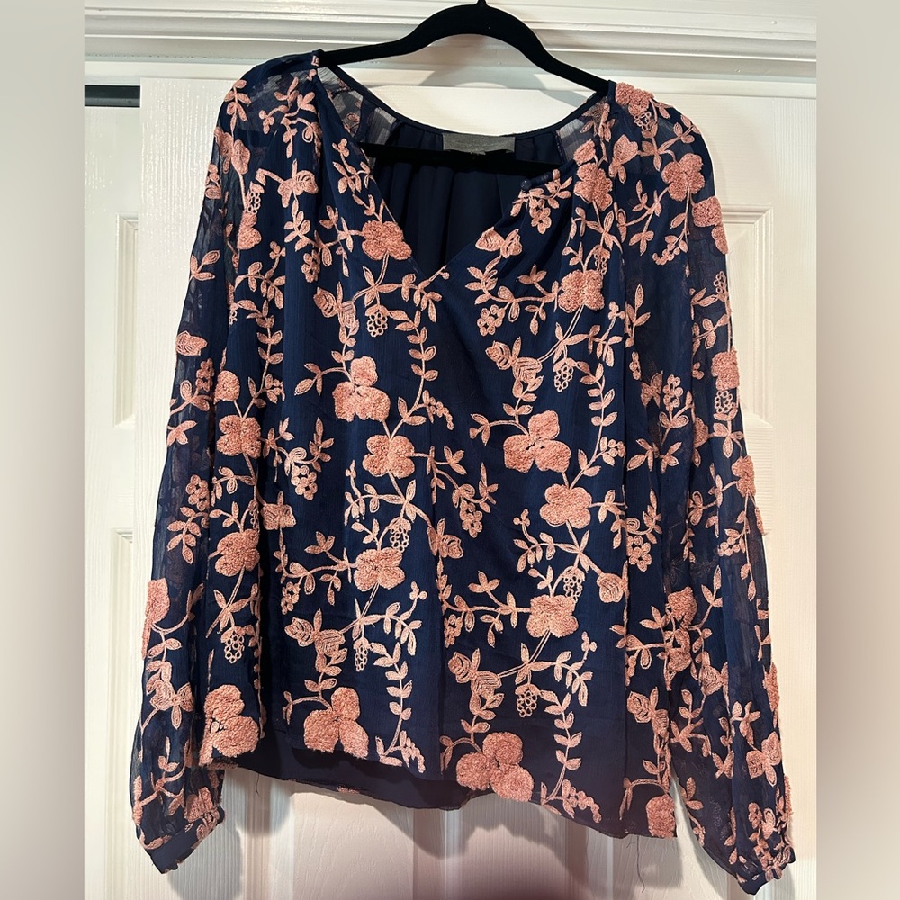 Sunday in Brooklyn Navy Blouse with Blush Pink Floral Embroidery